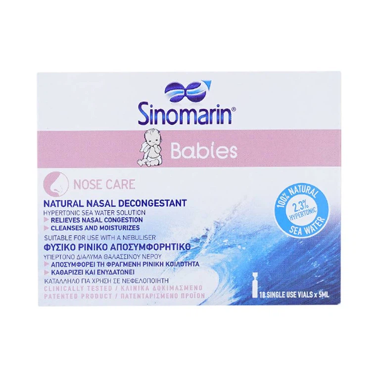 Dung dịch Sinomarin Babies giảm nghẹt mũi bằng cách làm giảm phù nề niêm mạc mũi (18 ống x 5ml)