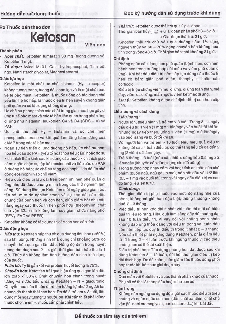 Viên nén Ketosan Hasan phòng ngừa hen phế quản, điều trị viêm mũi dị ứng (3 vỉ x 10 viên)