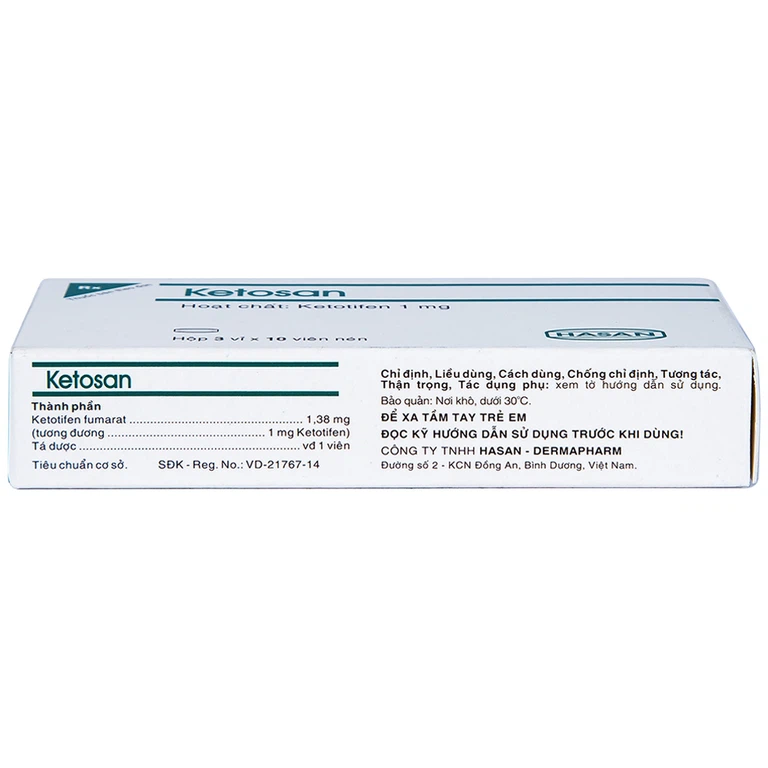 Viên nén Ketosan Hasan phòng ngừa hen phế quản, điều trị viêm mũi dị ứng (3 vỉ x 10 viên)
