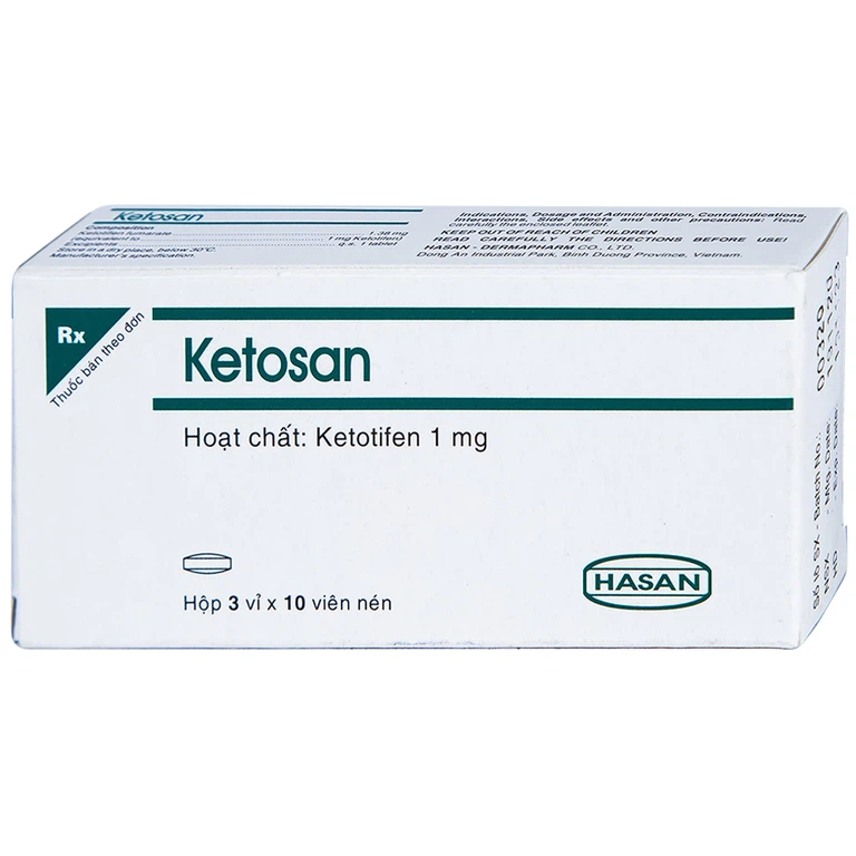 Viên nén Ketosan Hasan phòng ngừa hen phế quản, điều trị viêm mũi dị ứng (3 vỉ x 10 viên)
