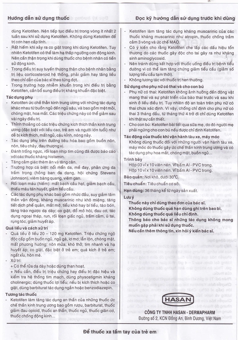 Viên nén Ketosan Hasan phòng ngừa hen phế quản, điều trị viêm mũi dị ứng (3 vỉ x 10 viên)