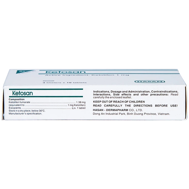 Viên nén Ketosan Hasan phòng ngừa hen phế quản, điều trị viêm mũi dị ứng (3 vỉ x 10 viên)