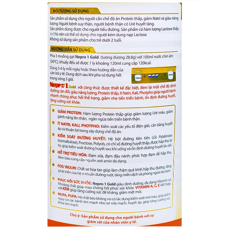 Sữa bột Nepro 1 Gold VitaDairy bổ sung dinh dưỡng giảm protein dành cho người bệnh đái tháo đường (400g)