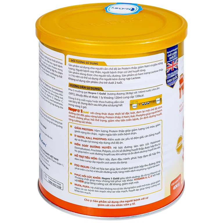 Sữa bột Nepro 1 Gold VitaDairy bổ sung dinh dưỡng giảm protein dành cho người bệnh đái tháo đường (400g)