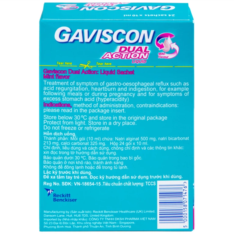 Hỗn dịch Gaviscon Dual Action Reckitt Benckiser điều trị trào ngược dạ dày, thực quản (24 gói x 10ml)