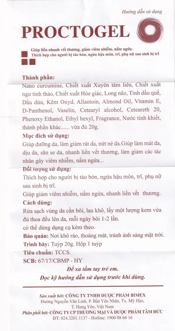 Gel Proctogel Bimex liền vết thương, giảm viêm nhiễm, nấm ngứa cho người táo bón, trĩ, ngứa hậu môn (20g)
