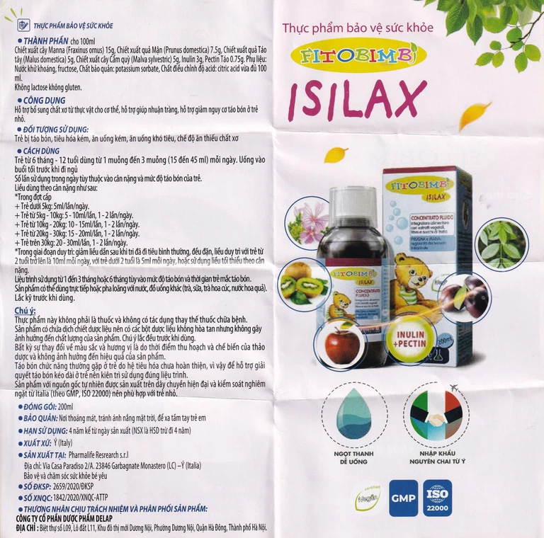 Siro Fitobimbi Isilax Concentrato Fluido Pharmalife nhuận tràng, hỗ trợ giảm táo bón cho trẻ (200ml)