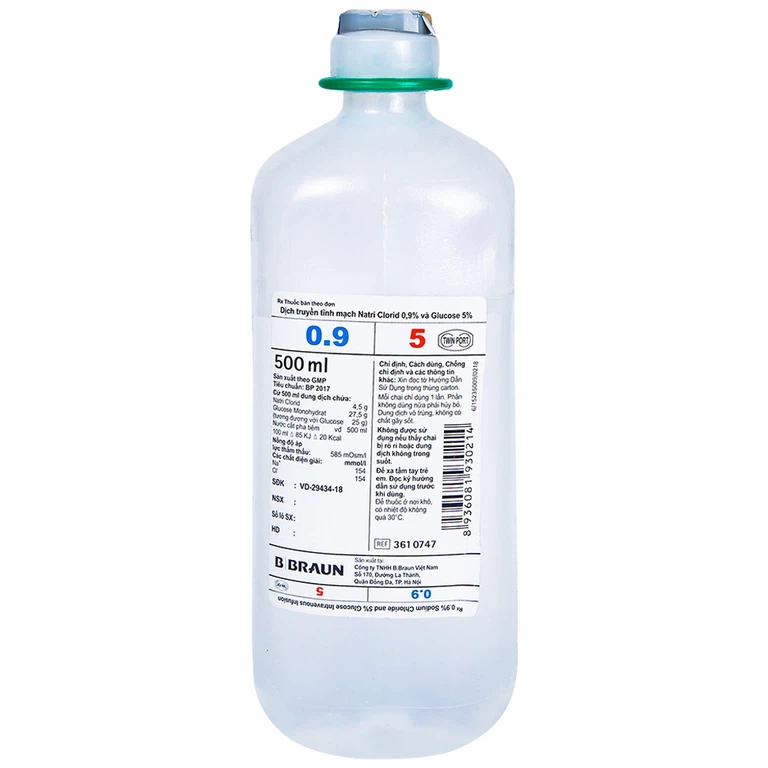 Dịch truyền tĩnh mạch Natri Clorid 0,9% và Glucose 5% B.Braun làm dung môi pha tiêm truyền (500ml)