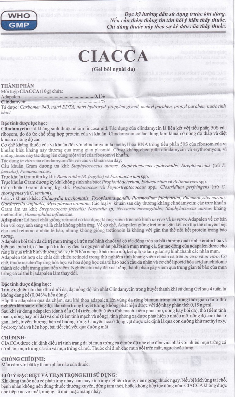 Gel bôi ngoài da Ciacca Davipharm điều trị tình trạng da bị mụn trứng cá nhẹ đến vừa (10g)