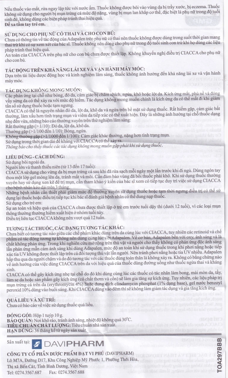 Gel bôi ngoài da Ciacca Davipharm điều trị tình trạng da bị mụn trứng cá nhẹ đến vừa (10g)