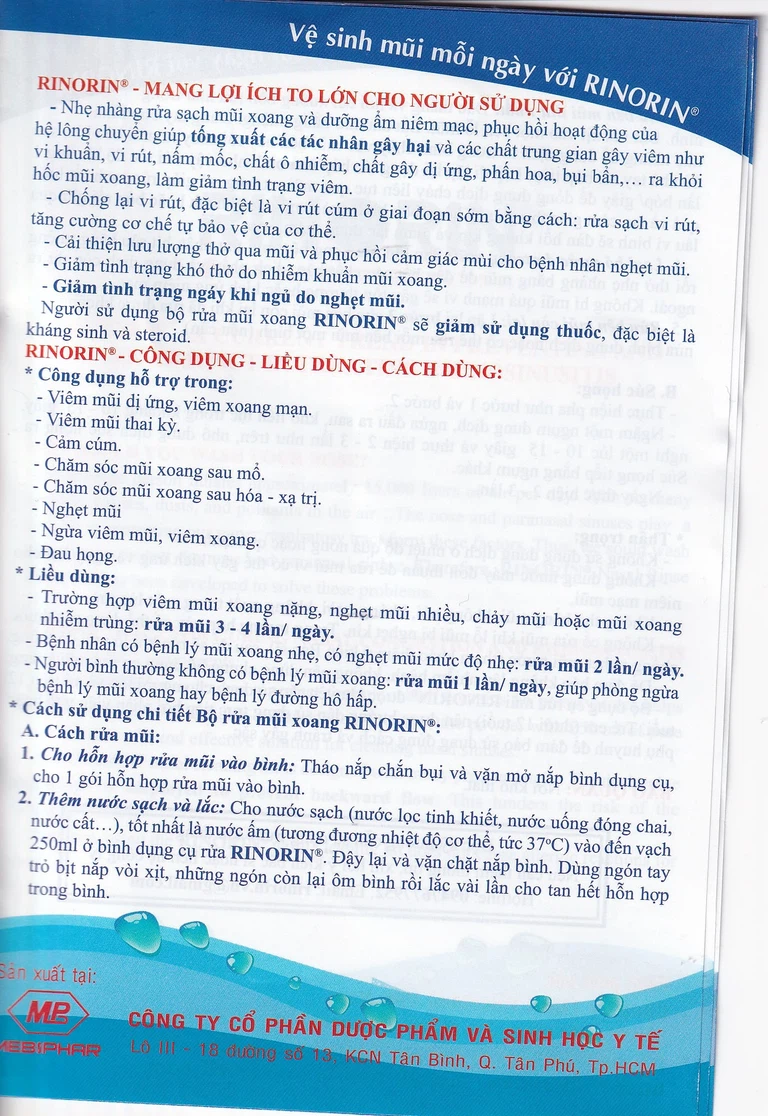 Bộ rửa mũi xoang Rinorin giảm viêm mũi dị ứng, viêm xoang mạn, cảm cúm (1 bình + 30 gói)