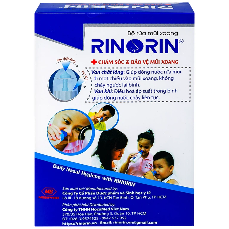 Bộ rửa mũi xoang Rinorin giảm viêm mũi dị ứng, viêm xoang mạn, cảm cúm (1 bình + 30 gói)