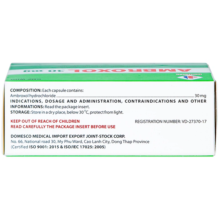 Thuốc Ambroxol 30mg Domesco điều trị viêm phế quản, hen phế quản (10 vỉ x 10 viên)