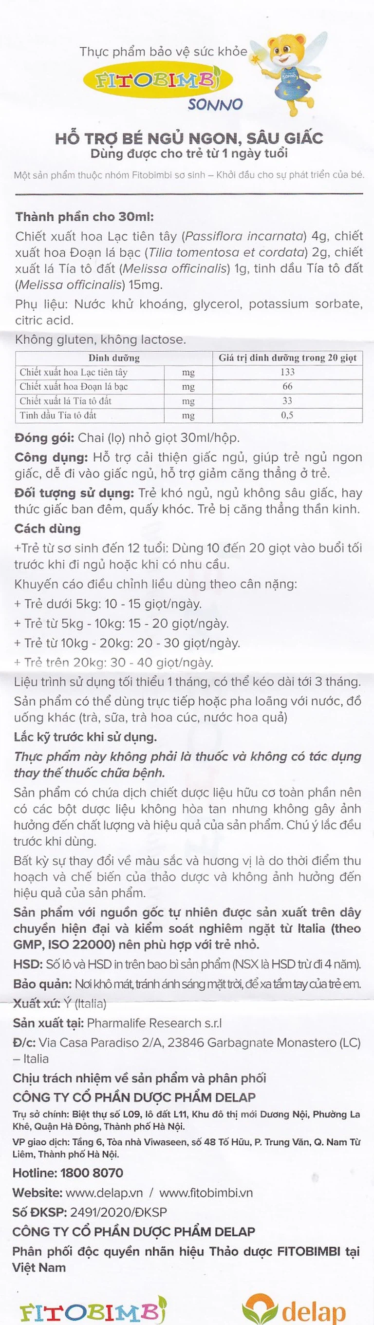 Dung dịch Fitobimbi Sonno Pharmalife hỗ trợ cải thiện giấc ngủ (30ml)