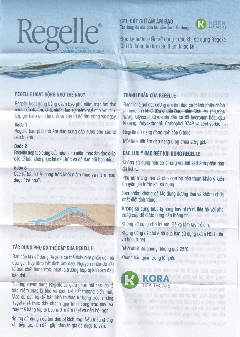 Gel đặt giữ ẩm âm đạo Regelle Kora Healthcare 6.5g cải thiện khô, đau âm đạo (6 tuýp)