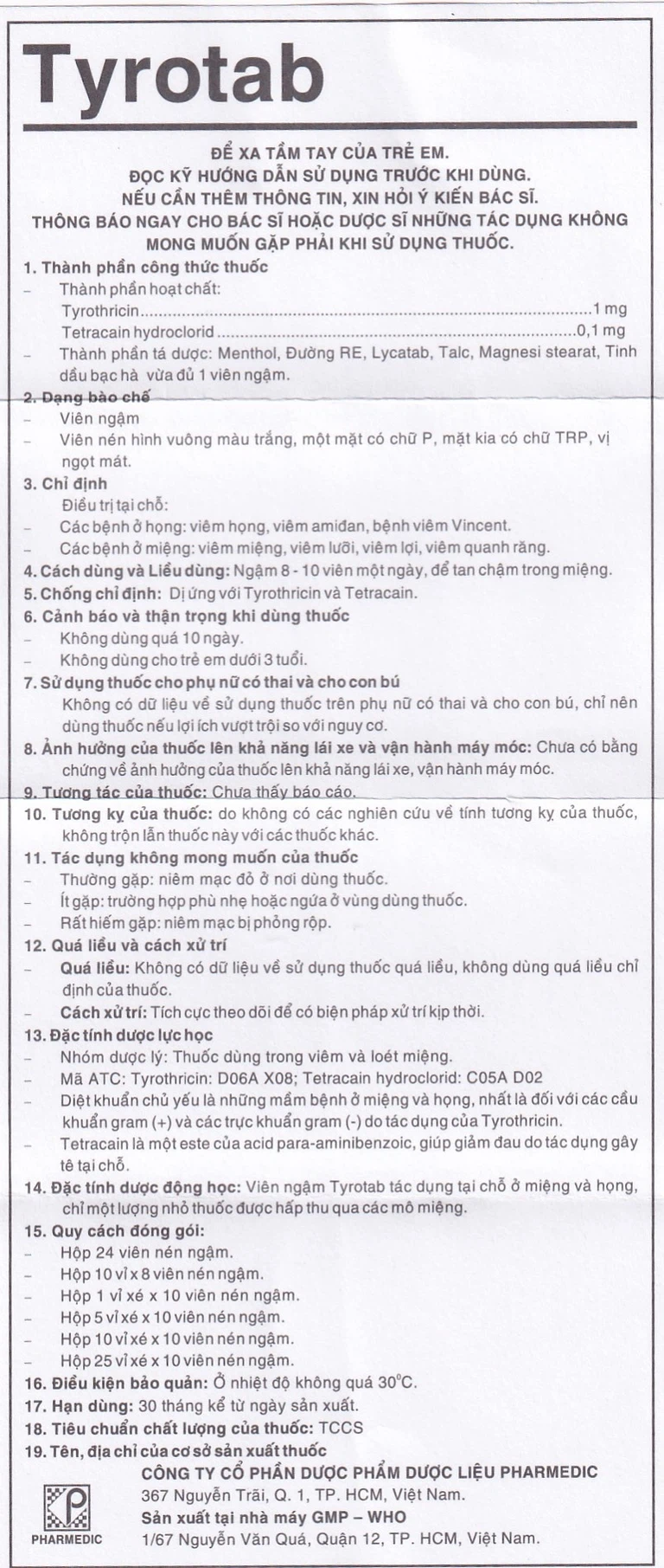 Viên ngậm sát trùng Tyrotab Pharmedic điều trị viêm họng, viêm amidan (10 vỉ x 8 viên)