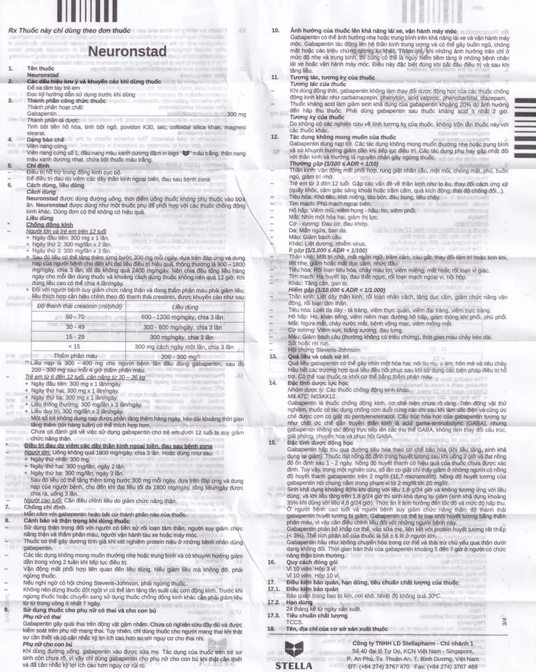Viên nang cứng Neuronstad 300mg Stella điều trị hỗ trợ động kinh cục bộ, viêm dây thần kinh (3 vỉ x 10 viên)
