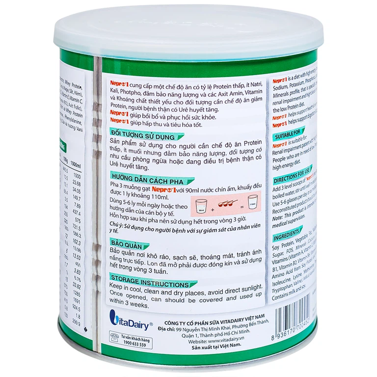 Sữa bột Nepro 1 VitaDairy bổ sung dinh dưỡng giảm protein dành cho người bệnh thận (400g)