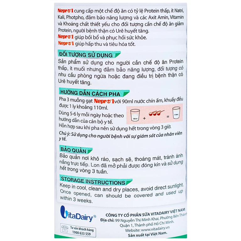 Sữa bột Nepro 1 VitaDairy bổ sung dinh dưỡng giảm protein dành cho người bệnh thận (400g)