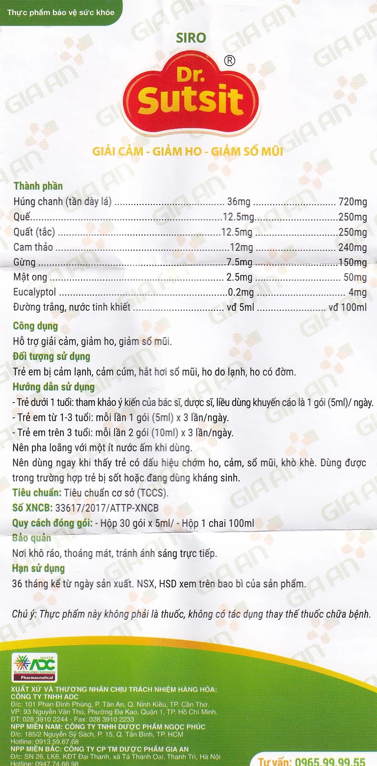 Siro Dr.Sutsit Gia An giải cảm, giảm ho, giảm sổ mũi (30 gói x 5ml)