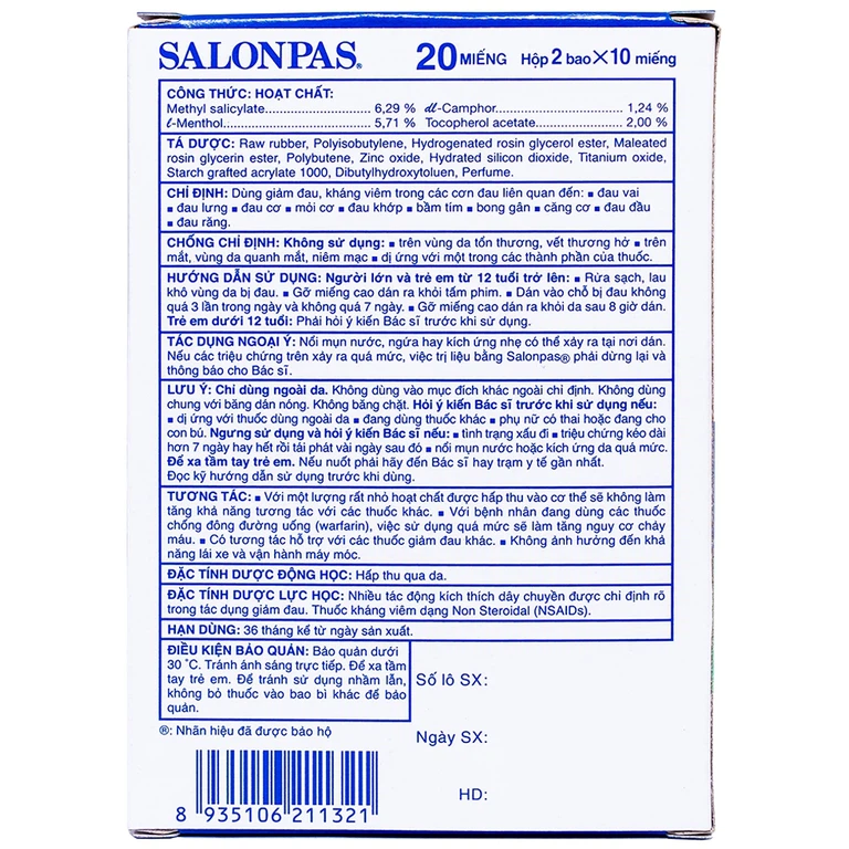 Cao dán Salonpas Hisamitsu giảm đau vai, đau lưng, đau cơ (2 gói x 10 miếng)