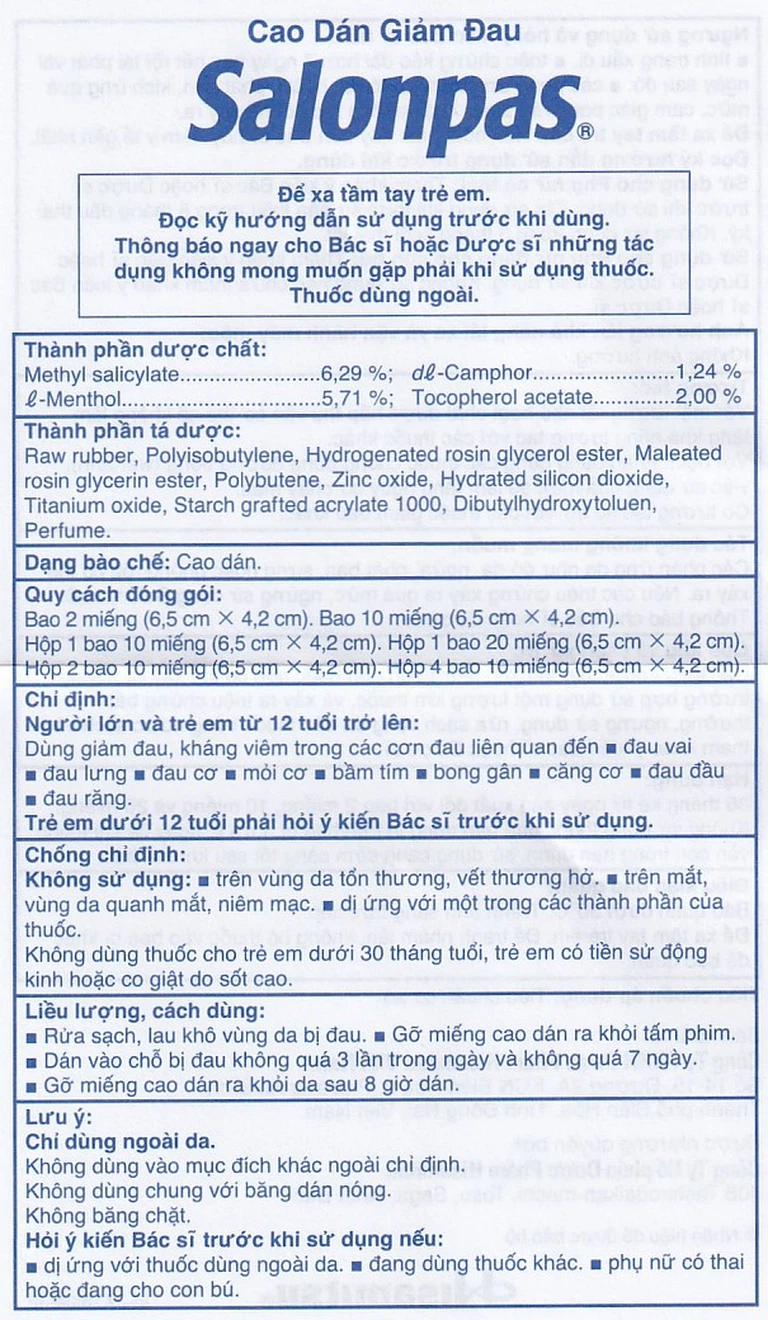 Cao dán Salonpas Hisamitsu giảm đau vai, đau lưng, đau cơ (2 gói x 10 miếng)