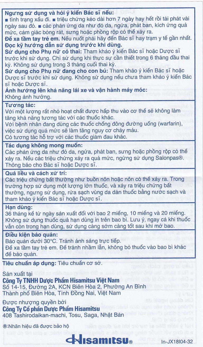 Cao dán Salonpas Hisamitsu giảm đau vai, đau lưng, đau cơ (2 gói x 10 miếng)