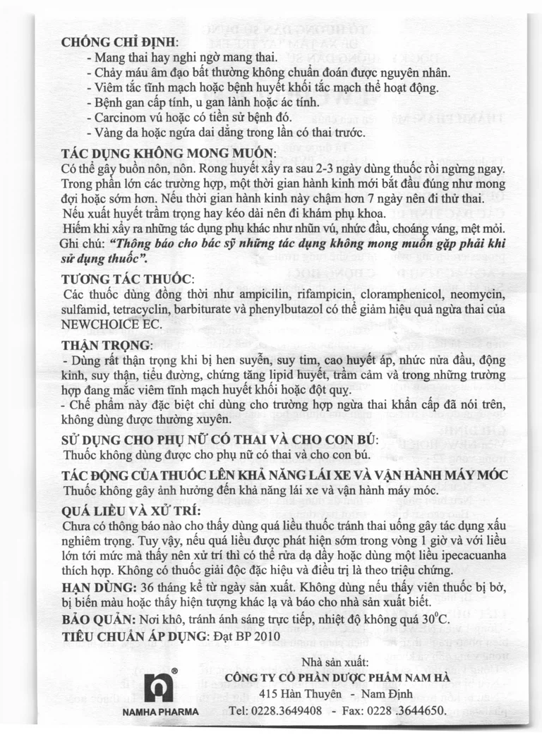 Thuốc Newchoice EC 0,75mg Nam Hà ngừa thai khẩn cấp (1 vỉ x 2 viên)
