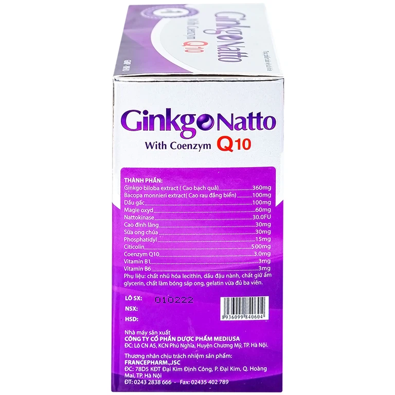 Viên uống Ginkgo Natto With Coenzym Q10 360mg USA giúp tăng cường lưu thông máu (100 viên)