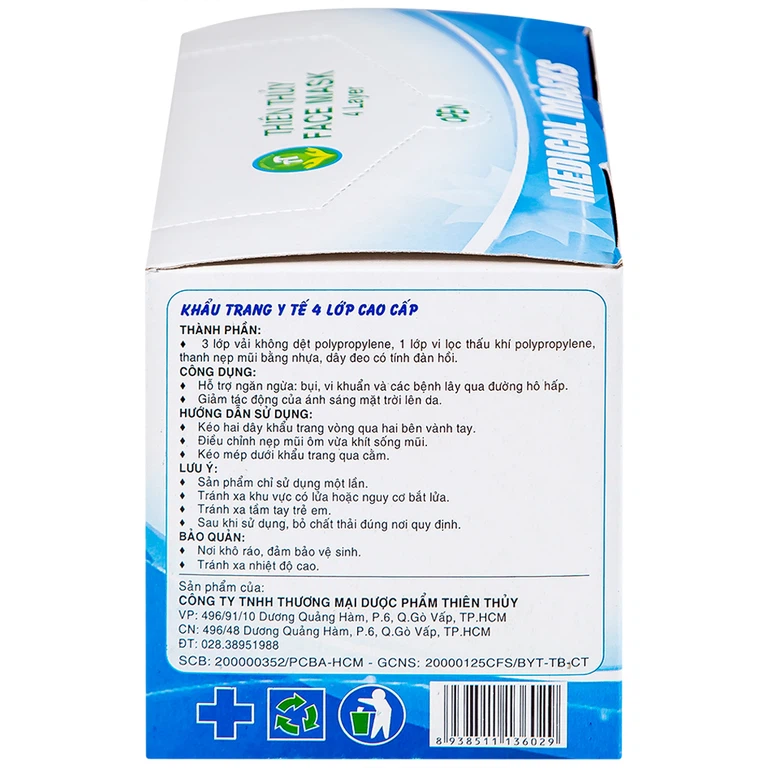 Khẩu trang y tế Thiên Thủy 4 lớp hỗ trợ ngăn khói, bụi, kháng khuẩn (50 cái)