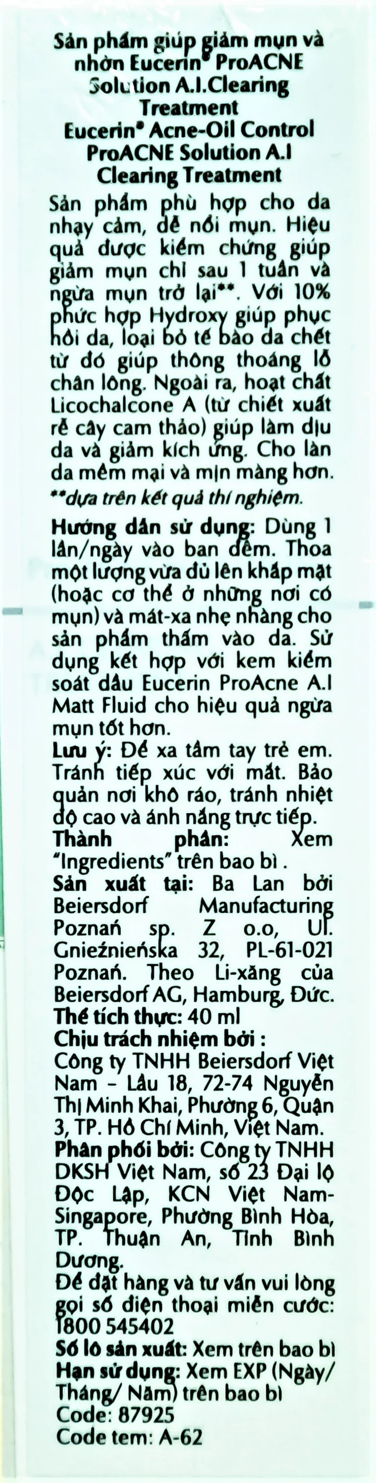 Gel Eucerin Pro Acne A.I Clearing Treatment giảm mụn và nhờn (40ml)