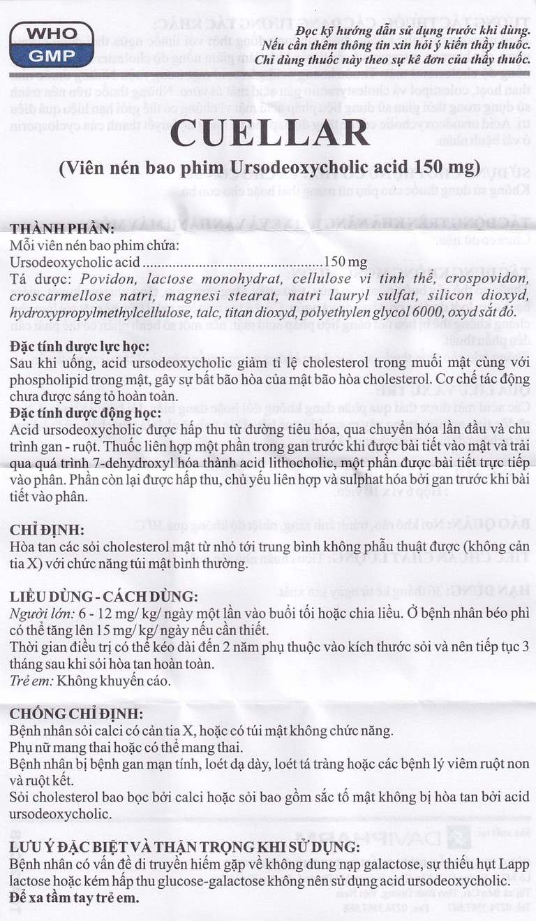 Thuốc Cuellar 150mg Davi Pharm dùng để hòa tan các sỏi cholesterol mật (6 vỉ x 10 viên)