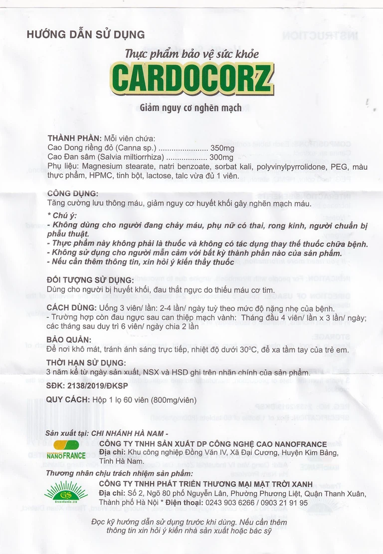 Viên uống Cardocorz NanoFrance tăng cường lưu thông máu, giảm nguy cơ huyết khổi (60 viên)