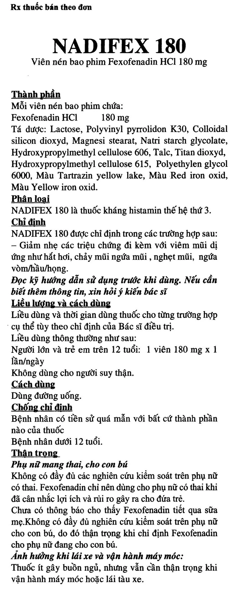 Viên nén Nadifex 180 USP giảm viêm mũi dị ứng, hắt hơi, chảy mũi (1 vỉ x 10 viên)