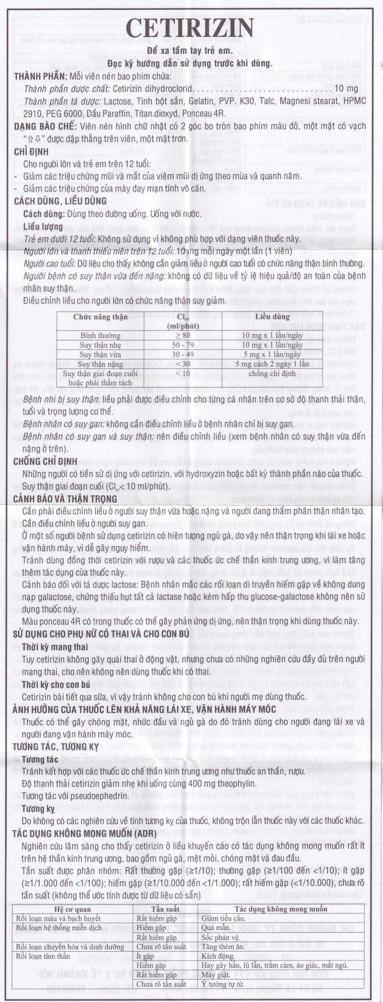 Thuốc Cetirizin 10mg Thành Nam điều trị viêm mũi dị ứng, mày đay (10 vỉ x 10 viên)