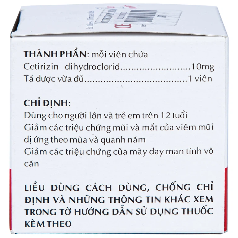 Thuốc Cetirizin 10mg Thành Nam điều trị viêm mũi dị ứng, mày đay (10 vỉ x 10 viên)