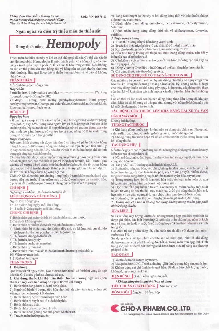 Dung dịch uống Hemopoly ngăn ngừa và điều trị thiếu máu do thiếu sắt (20 ống x 5ml)
