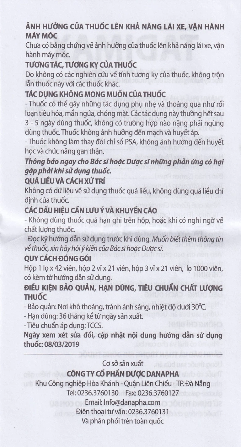 Thuốc Tadimax Danapha điều trị phì đại lành tính tuyến tiền liệt và u xơ tử cung (2 vỉ x 21 viên)