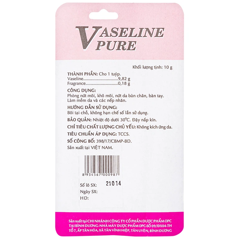 Kem dưỡng ẩm Vaseline Pure OPC hương dâu phòng nứt môi, khô môi, nứt da bàn chân, bàn tay (10g)
