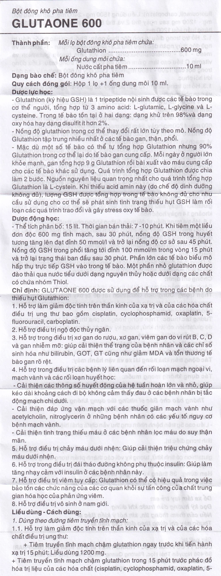 Bột pha tiêm Glutaone 600 Bidiphar hỗ trợ điều trị ngộ độc thủy ngân (1 ống dung môi x 10ml)