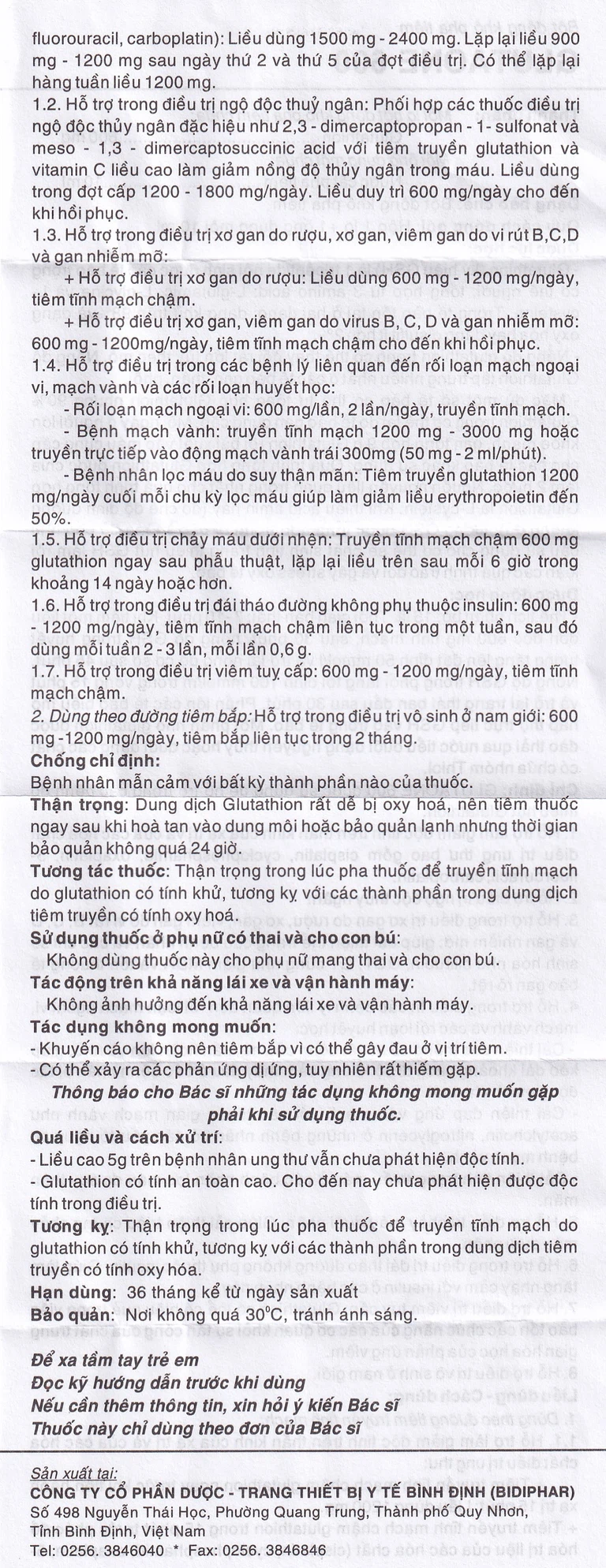Bột pha tiêm Glutaone 600 Bidiphar hỗ trợ điều trị ngộ độc thủy ngân (1 ống dung môi x 10ml)