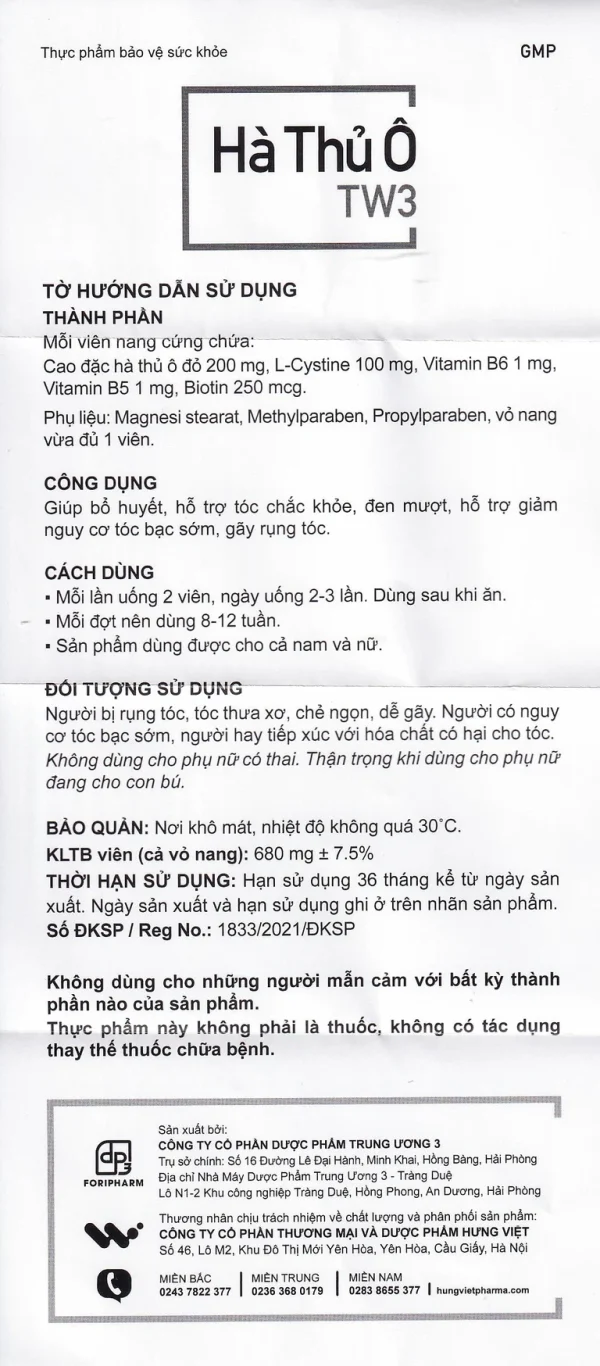 Viên uống Hà Thủ Ô TW3 hỗ trợ giảm nguy cơ tóc bạc sớm, gãy rụng tóc (30 viên)