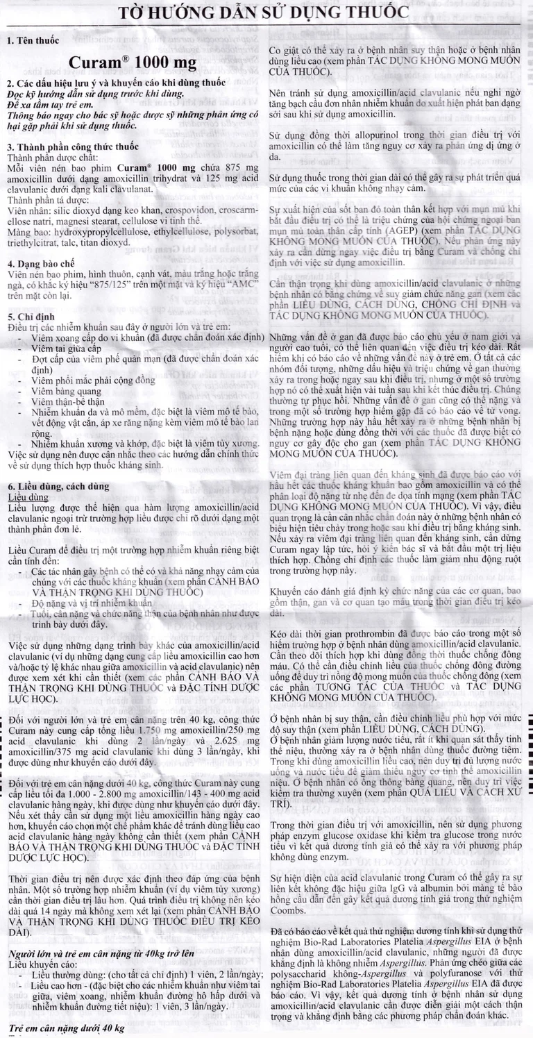 Thuốc Curam 1000mg Sandoz điều trị nhiễm khuẩn (10 vỉ x 8 viên)