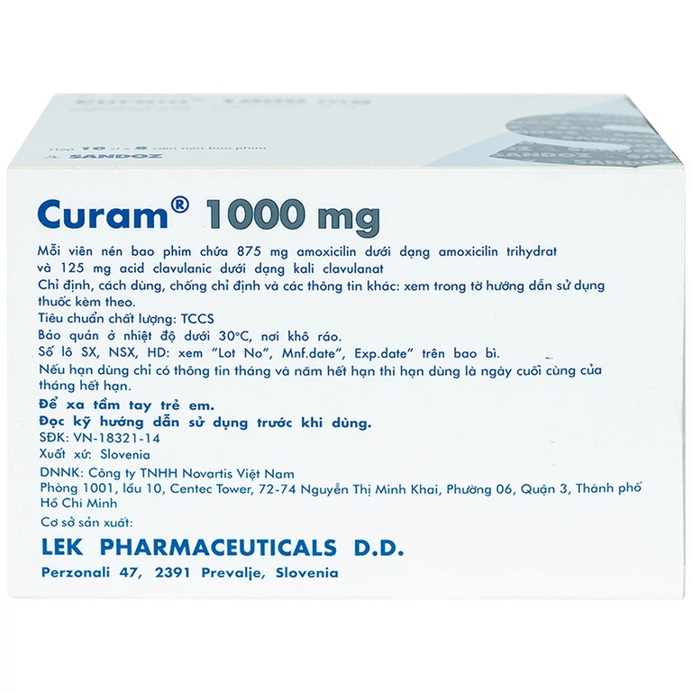 Thuốc Curam 1000mg Sandoz điều trị nhiễm khuẩn (10 vỉ x 8 viên)
