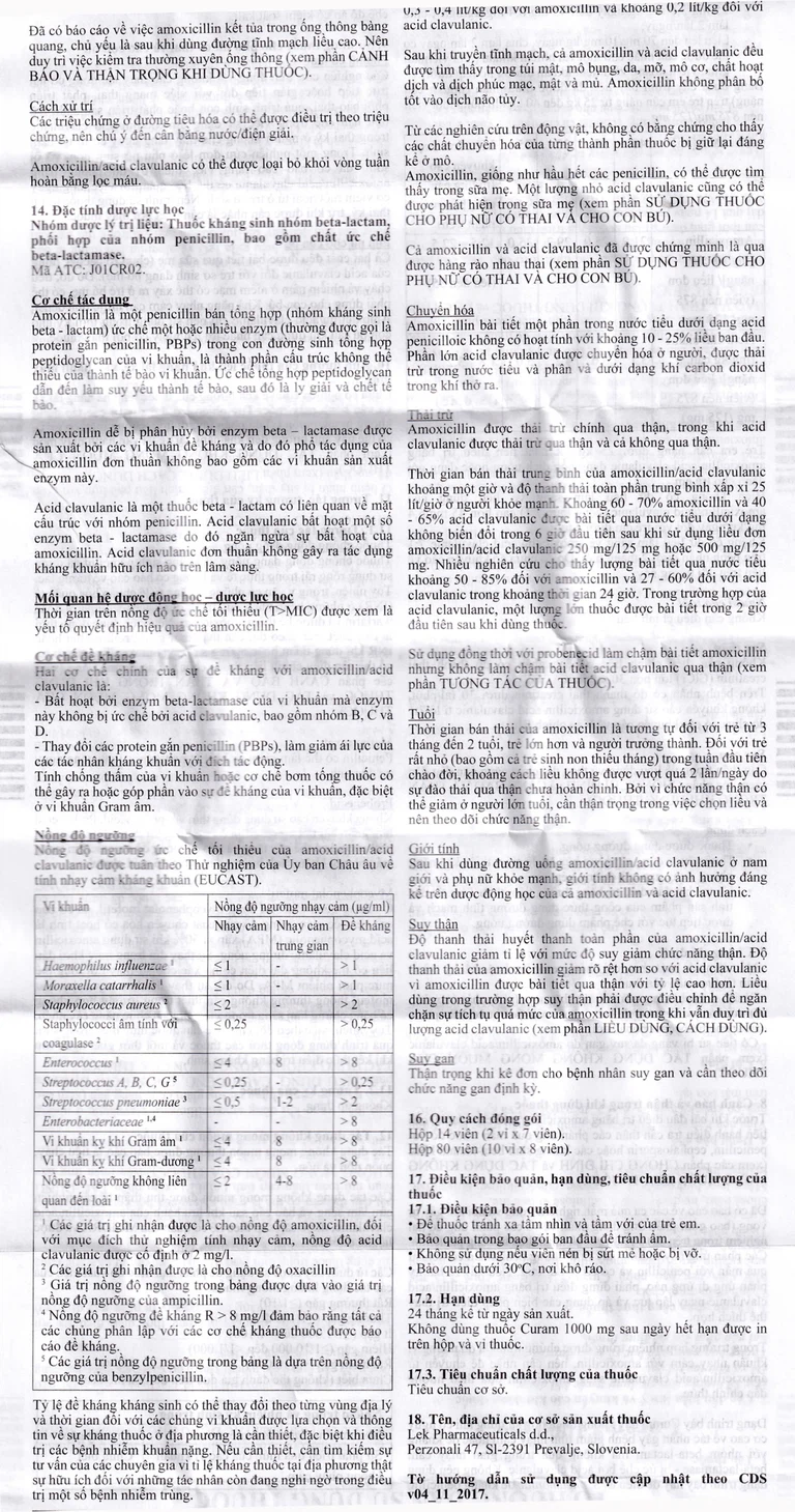Thuốc Curam 1000mg Sandoz điều trị nhiễm khuẩn (10 vỉ x 8 viên)