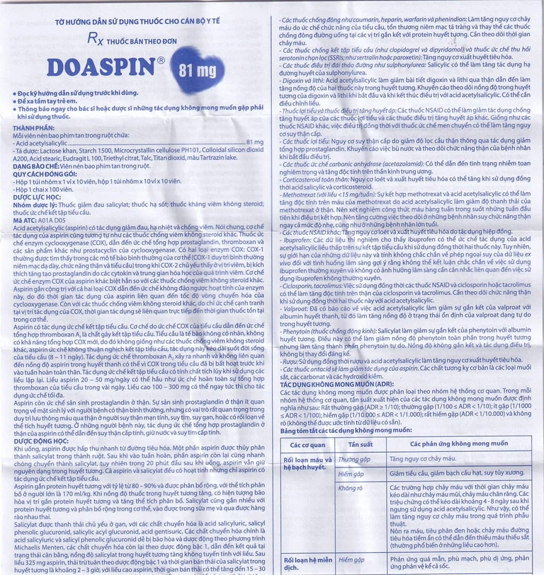 Thuốc Doaspin 81mg Domesco dự phòng huyết khối tim mạch và mạch não (100 viên)