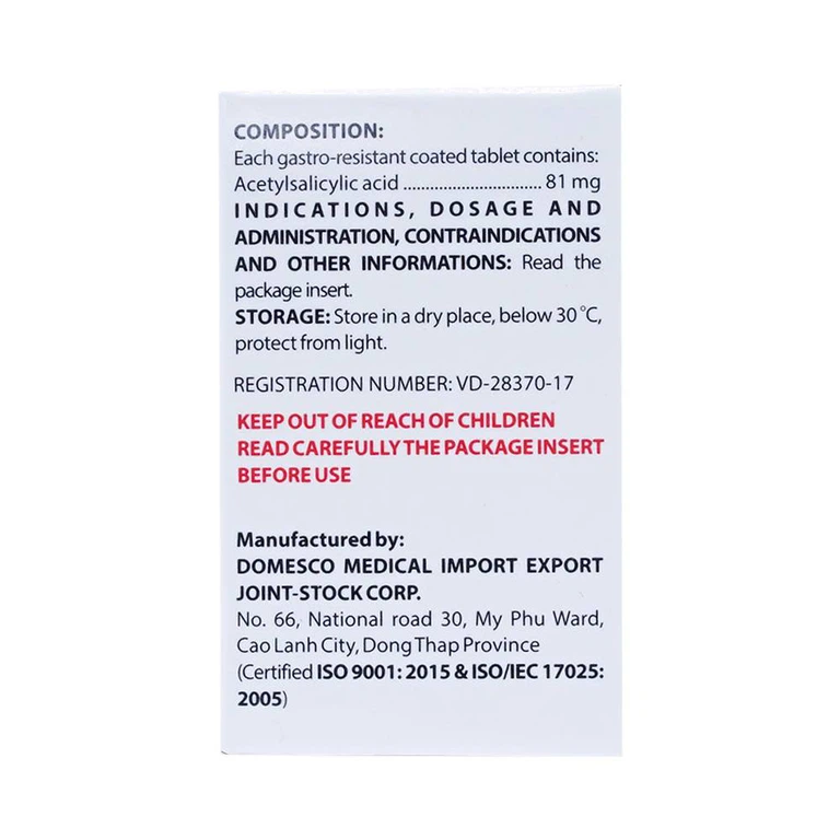 Thuốc Doaspin 81mg Domesco dự phòng huyết khối tim mạch và mạch não (100 viên)