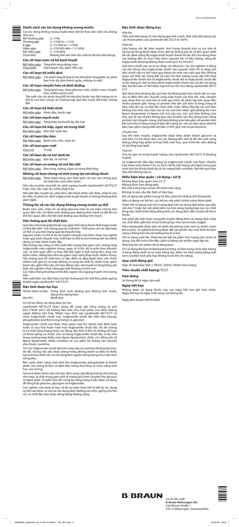 Dịch truyền Lipofundin MCT/LCT 20% B.Braun cung cấp năng lượng, chất béo (100ml)