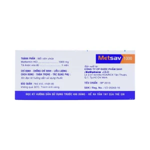 Viên nén Metsav 1000 Savi điều trị bệnh đái tháo đường típ 2 (10 vỉ x 10 viên)