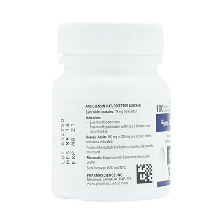 Viên nén PMS-Irbesartan 75mg Pharmascience điều trị tăng huyết áp vô căn, đái tháo đường tuýp 2 (100 viên)
